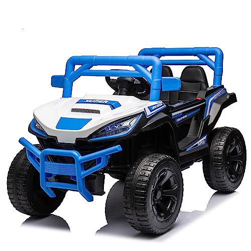 Kids Ride On Truck Car, 4 Wheel Drive Truck with Leather Seat and Remote Control, 12V 7A Battery Powered Off-Road UTV Toy with LED Lights, Bluetooth, 3 Speeds, Horn, Spring Suspension, Blue