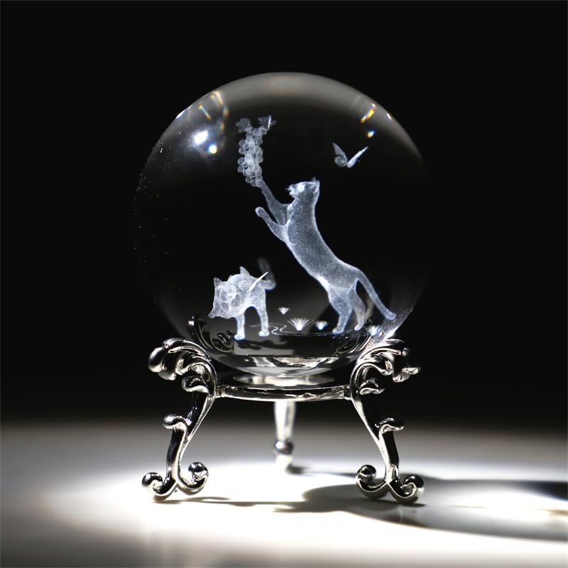 Miniatura 6 de ZEERSHEE Bola de Cristal de 60mm con Soporte - Esfera de Gato 3D de Vidrio Grabada con Láser y Peso de Papel - Regalos para Amantes de los Gatos
