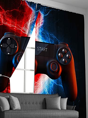 Loussiesd 3D Black Gamepad Window Drapes Video Game Gamepad Curtains for Boys Children Modern Gamer Window Treatments Novelty Game Controller Red Blue Neon Window Curtain W66*L90 - Image 4