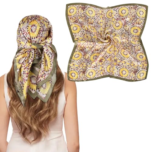 EXTREE Silk Feeling Scarf Medium Square Satin Head Scarf Sleeping Hair Wrapping for Women 27.5 × 27.5 inches Yellow Geometric Print