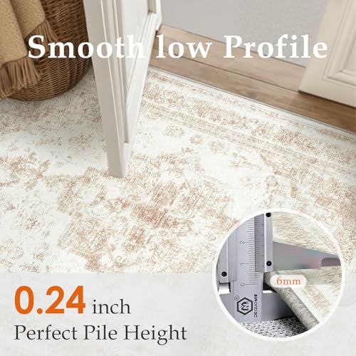 Runner Rug 3x12 Cream Hallway Washable Beige Carpet Non Slip Vintage Medallion Beige Carpet Low Pile Soft Distressed Retro Indoor Long Rug for Entryway Kitchen Bathroom Laundry Bedroom