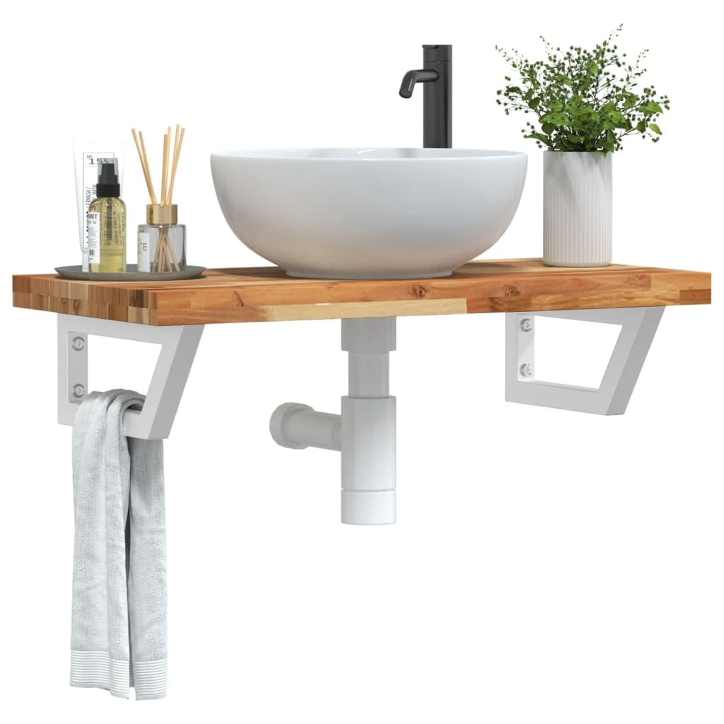 Scaffale per lavandino, montaggio a parete, in acciaio e legno di acacia massiccio, 100 x 40 cm, con supporti trapezoidali per bagno, salvaspazio, robusto, spazio per riporre e tenere in