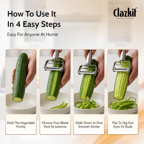 Image of Clazkit 2 in 1 Stainless Steel Julienne Peeler for Vegetables & Fruits | Multi Functional Vegetable Cutter, Slicer & Shredder for Potato, Carrot, Cucumber | Sharp Dual Blade Kitchen Peeler