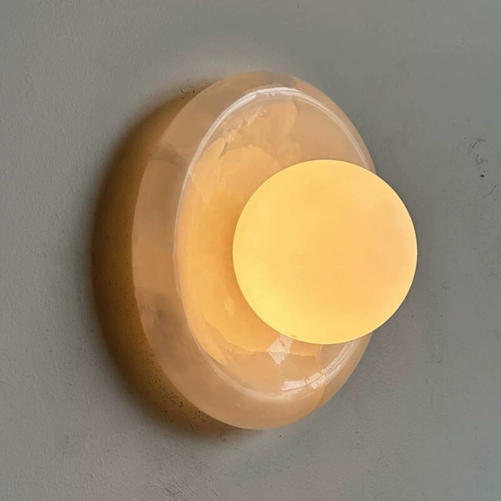 LOGT Round Natural Alabaster Wall Light, Glass Ball, Modern Marble Wall Lamp, Modern Round Art Deco Living Room Lamp, 20cm, Yellow Travertine, Wall Lighting for Stairs, Hallway, Bathroom