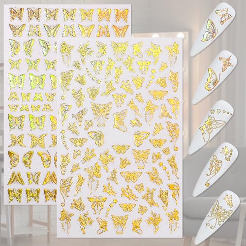 2 Pieces Butterfly Nail Art Stickers, Butterfly 3D Embossed Self-Adhesive Nail Decals, Waterproof Nail Decorations Suitable for Women's Nail Design Supplies(Gold)