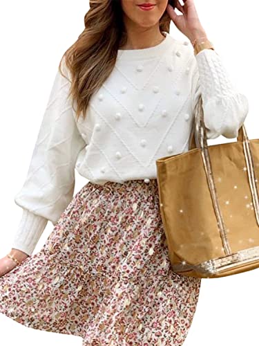 Miessial Women's Fall Crew Neck Pullover Sweater Cute Long Puff S...