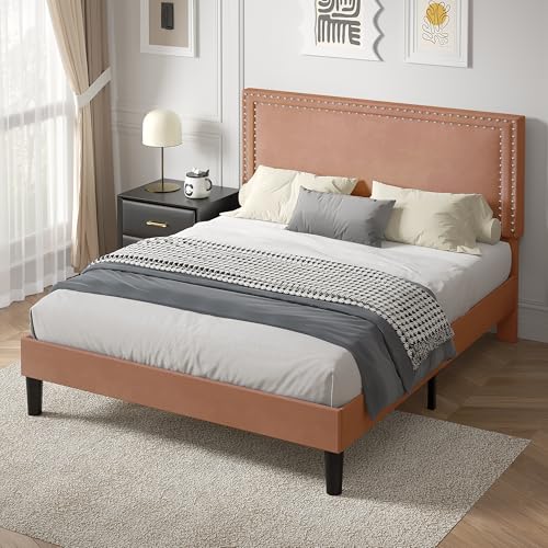 Image of VECELO Full Size Platform Bed Frame with Height Adjustable Upholstered Headboard, Modern Mattress Foundation,Strong Wood Slat Support, No Box Spring Needed, Easy Assembly,Brown
