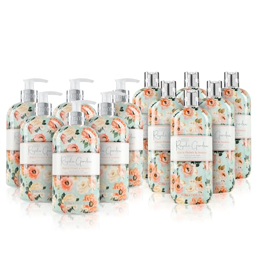 Baylis & Harding Royale Garden Peach Peony & Jasmine Bundle: 6 x 500 ml Hand Wash & 6 x 500 ml Body Wash (12 Bottles) - Vegan Friendly