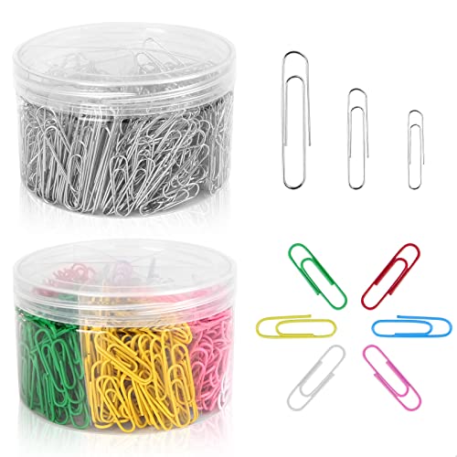 1300 Stück Büroklammern-Set, 700 Stück einfarbige Büroklammern, verschiedene Größen (28 mm, 33 mm, 50 mm) und 600 Stück bunte Büroklammern, Metall-Büroklammern, Klemmen für Büro, Schule, Büro, Kun Cover