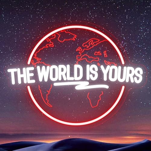 Image of The World Is Yours Neon Sign Carved Planet Adjustable Brightness USB Powered LED Neon Signs for Wall Decor Light Up Signs for Bedroom Classroom Office Man Cave Game Room 41cm*31cm