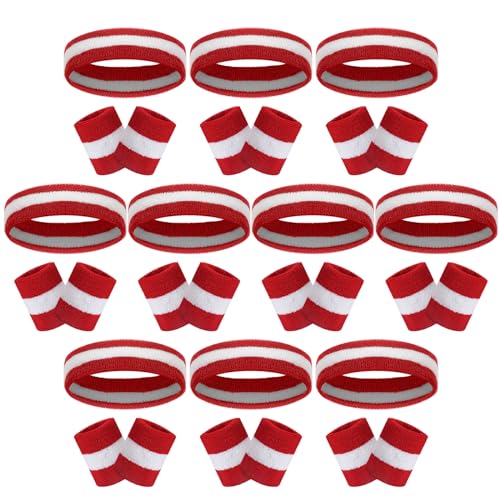 Image of 30 Pcs Sweatbands Wristbands Set Absorbent Terry Cloth Headbands Wristbands Neon Color Striped 80s Athletic Sweatbands for Sports Gym Exercise