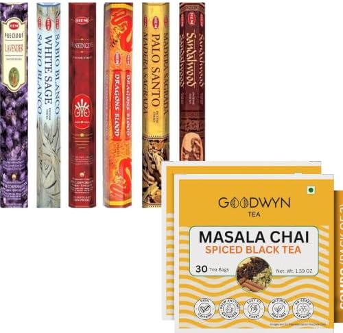 Goodwyn Masala Chai Tea (60 Tea Bags) Combo with Hem Incense Sticks – 6 Fragrances (Lavender, White Sage, Frankincense, Dragon’s Blood, Palo Santo & Sandalwood) | 120 Sticks | Diwali Gift Pack Bundle
