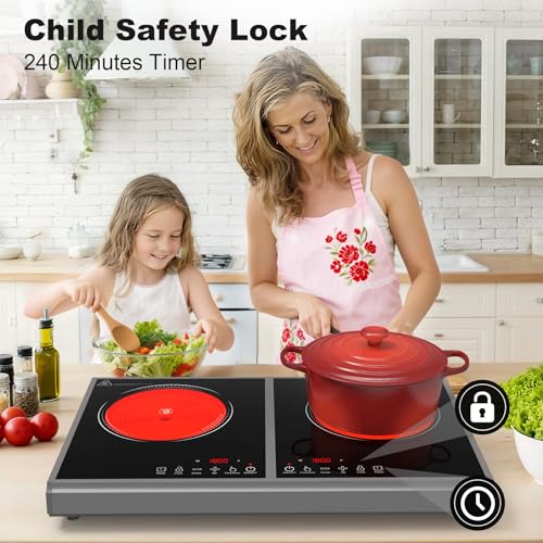 Image of GIHETKUT Electric Cooktop,110V 3600W Stove top, 20 inch Countertop with 9 Power Levels,LED touch control,Overheat Protection,Child Safety Lock & Timer,touch control 2 burner Electric cooktop