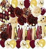 Wine Burgundy Champagne Gold Bridal Shower Decorations/Fall Wedding Decorations Big Size Burgundy Tissue Pom Pom Maroon Gold Balloons Burgundy Wedding/Women 30th/50th Birthday Party Decorations