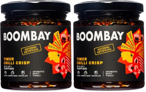 Image of BOOMBAY Timur Peppercorns Chilli Crisp (190g) |Spicy, Crunchy Topping | Plant-Based, Zero Sugar, Cold-Pressed Oils, Clean Label |Use as a Topping for eggs, Noodles, Dip for Dumplings, and as a Stir Fry
