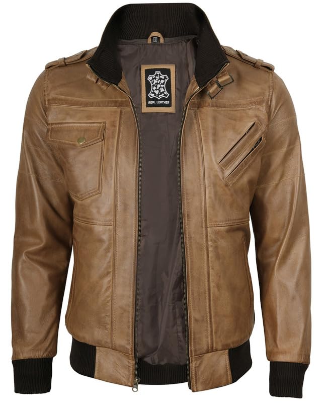 Image of Decrum Mens Leather Jacket - Detachable Hood Stylish Real Lambskin Leather Bomber Jacket Men