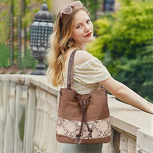 Image of Women Shoulder Bag Canvas Tote Bag Retro Drawstring Bucket Bag Ladies