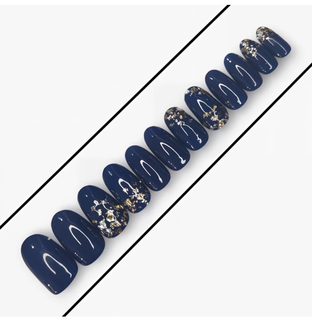 Artificial Nails: Glossy Dark Blue With Foil/Shape Oval (Set of 12 with nail glue, nail file, cuticle pusher, cleaning wipe)-image-35