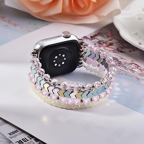 Image of MOFREE Beaded Bracelet Compatible with Apple Watch Band 38mm /40mm /41mm /42mm, Fashion Elastic Stretch Women Bands for iWatch Series 11 /10 /9 /8 /7 /SE /6 /5 /4 /3 /2 /1 iPhone Watch Strap Bands Pink