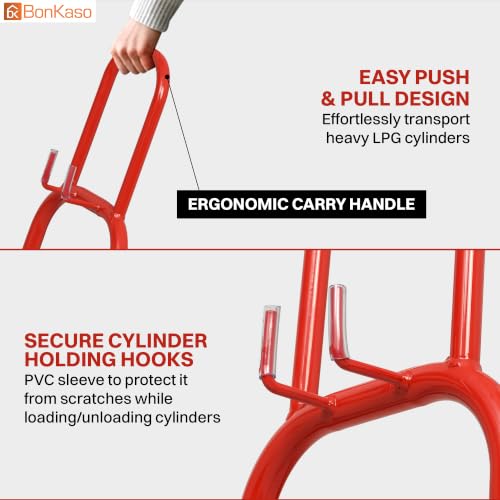 Image of Bonkaso Gas Cylinder Trolley with Handle for LPG Cylinder, Heavy-Duty Alloy Steel Hand Truck with 2 Fixed 100 mm Wheels, 70 kg Capacity, Powder-Coated Red Finish for Home & Commercial Use