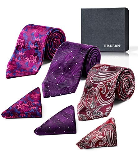 Image of HISDERN Mens Ties Extra Long Tie and Pocket Square Set 63 Inch XL Tie Pack Collection Present Box Necktie Lot 3 PCS