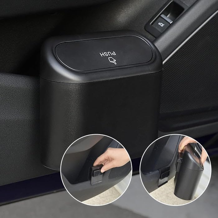 Image of Oblivion Mini Car Dustbin - Portable Trash Bin with Lid & Garbage Bags, Compact & Durable Trash Can for Easy Waste Disposal, Waterproof & Leakproof Essential Cars Accessory (Black)