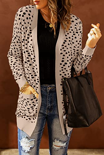 Merokeety Women's Open Front Knit Cardigan Winter Fall Sweater Dots Long Sleeve Coat Outwear, Khaki, M #TOP8