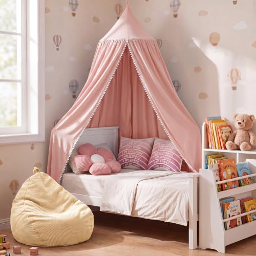 Image of 5 Pcs Reading Nook Set for Kids, Kids Reading Corner Decor with Bean Bag Chair Cover & Throw Pillow Cover(No Filler) Canopy and Flower Pillow for Bedroom Playroom Nursery(Pink)