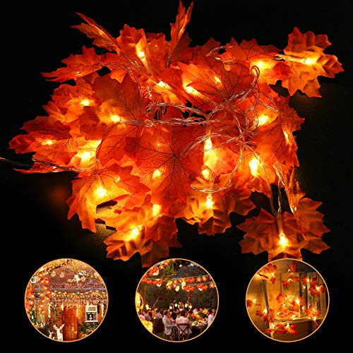 WNIPH Herbst-Ahornblätter-Lichterkette mit 40 LEDs, batteriebetrieben, 6 m, Herbst-Ahornblatt-Lichterkette, 2 Modi, wasserdichtes Licht für Halloween und Weihnachten, Party, Thanksgiving Dekorationen Cover