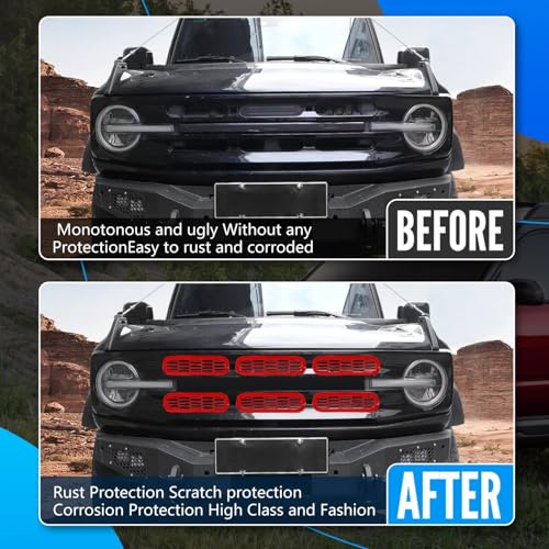 Image of Front Grill Mesh Grille Inserts Cover Frame, Front Bumper Inserts Grill Guard Clip-on Decoration Accessories for Ford Bronco Offroad 2 /4 Door 2021 2022 2023 2024 2025 (Red)