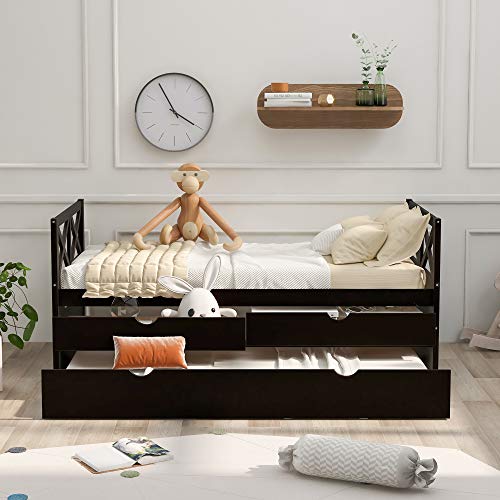Twin Captain's Bed, Twin Daybed with Trundle and 2 Storage Drawers, Wood Twin Platform Bed Frame with Headboard and Footboard for Kids Teens Adults, No Box Spring Need, Easy Assembly, Espresso