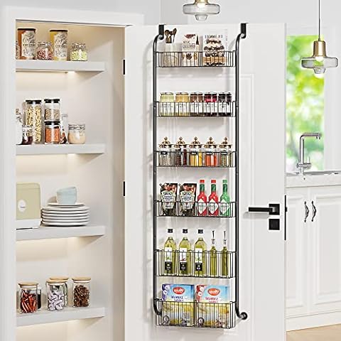 TIMEBAL 6 Tier Over the Door Pantry Organizer Rack with 4 + 2 Full Baskets, Hanging & Wall Mount Spice Rack Kitchen Storage Rack Cover