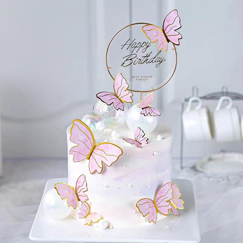 DERAYEE 21pcs Papillon Décoration Gâteau，Happy Birthday Cake Topper,Décoration Gâteaux Fête,Papillon Cake Topper pour Décorer Fêtes Anniversaire...