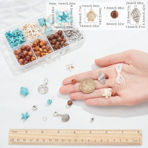 SUNNYCLUE 1 Box 6 Sets Ocean Bracelet Making Kit Sea Turtle Beads Turtle Charm Starfish Charms Wood Beads Summer Ocean Bead Sea Animal Bead Blue Turquoise Shell Beaded for Jewellery Making Kits - Image 3