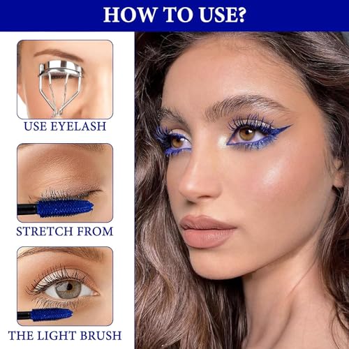 Blue Mascara Telescopic Mascara Waterproof, 4d Silk Fiber Coloured Lash Mascara Blue, Electric Blue Mascara for Eyes - Long-Lasting No Smudge and Clump Telescopic Mascara for Party Stage Use - Image 7