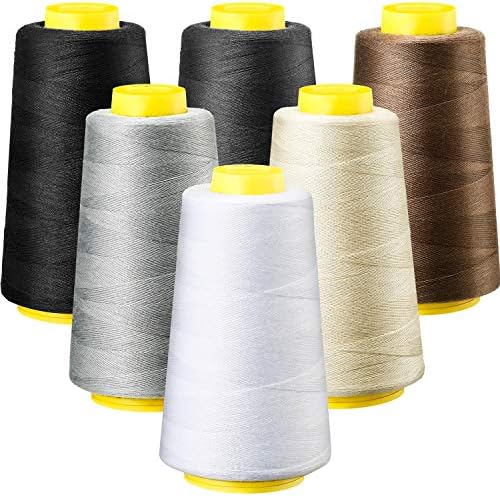 6 Rolls 3000 Yard (Each) Sewing Thread Serger Sewing Machine Thread Polyester Thread Spools Overlock Cone Thread for All Purpose Sewing Quilting Machine (Black, White, Beige, Grey, Dark Grey, Coffee)