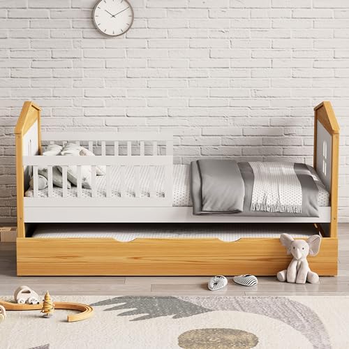 Twin-Size-House-Shape-Bed-with-with-Trundle-and-Safety-Fence-Guardrails-Bed-Toddler-Bed-for-Girls-BoysNo-Box-Spring-Needed-Walnut-and-White Twin Size House Shape Bed with with Trundle and Safety Fence Guardrails Bed Toddler Bed for Girls BoysNo Box Spring Needed Walnut and White