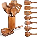 【9-Piece Wooden Utensil Set】Versatile wooden spoons for cooking offer a comprehensive wooden kitchen utensil set for complete utility: includes flat spatula, fried spatula, slotted spatula, kitchen utensil holder, spoons rest, strainer spoon, salad f...