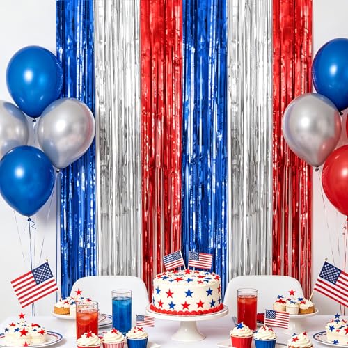 jijAcraft Red White Blue Tinsel Foil Fringe Curtain, 2 Pack 3.2x6.5 Feet Patriotic Party Photo Backdrop Streamers for 4th of July Memorial Day Labor Day 250th Anniversary Streamer Decor by jijAcraft - Used condition - Image 7