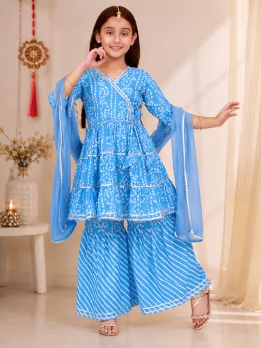 Image of Preneum Girl's Cotton Rayon Bandhani & Lahariya Printed Angrakha Kurta with Sharara & Dupatta