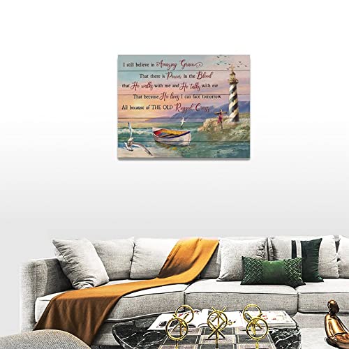 Amazing Grace Nautical Lighthouse Wall Art Christian Religious Bible Verse Scripture Wall Decor Coastal Pictures Canvas Prints Framed Modern Painting Artwork For Bedroom Kitchen Living Room Office 16"X12" #TOP3