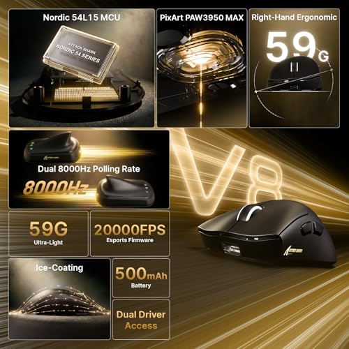 Image of ATTACK SHARK V8 8K Wireless Gaming Mouse Whit 42000 DPI-PAW3950 MAX Sensor-59g Lightweight-Nordic54L15 MCU-400h Battery Life, Triple Modes,Gaming Accessories for PC /Laptop /Mac (Black)