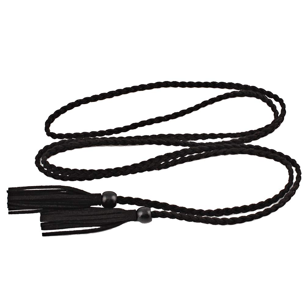 Nureinss Women's Black Belts With Tassel Braided Thin Waist Belt Waistband For Dress