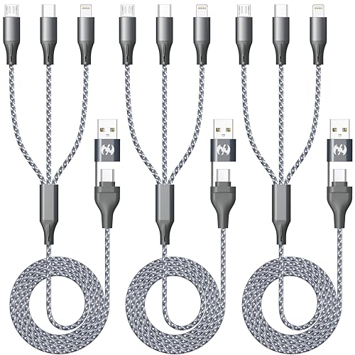 IDISON Multi Charging Cable (4ft 3Pack), 3 in 1 Charging Cable Travel Essentials Nylon Braided Cord USB A/C Port iPhone Charger Cord with Type C Lightning USB for Apple iPhone Android Phone