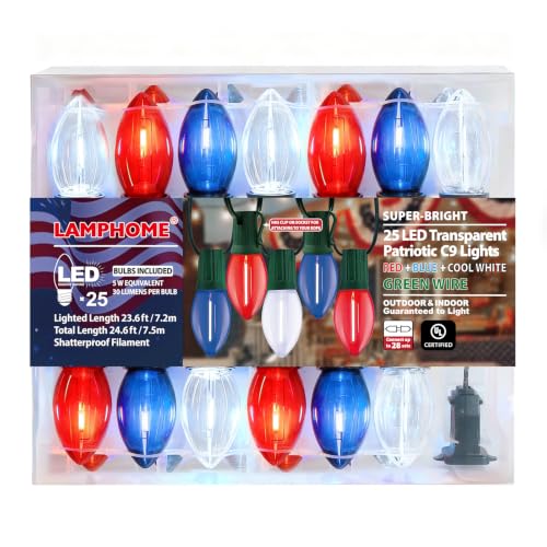 LAMPHOME Outdoor Patriotic String Lights 25FT C9 Vintage Christmas String Light with 25LED, Hanging C9 Multicolor String Lights for Christmas Garden Patio Backyard Party Decor, Green Wire