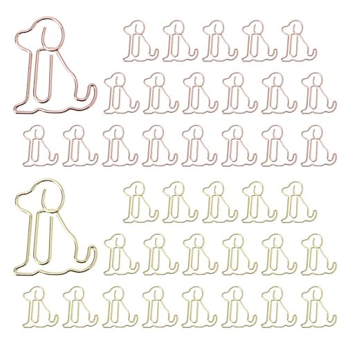 OWLFAVO 40pcs Puppy Dog Shape Paper Clips with Clear Box, Rose Gold and Yellow Gold, Funny Cute Paperclips Bookmarks Planner Clips for Fun Office Supplies School Gifts Wedding Decoration