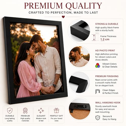 Image of Customized Wooden Photo Frame | Single Photo Upload | HD Printed Personalized Gift for Birthday, Anniversary, Wedding, Couples & Family | Table Stand & Wall Mount | Black | 6R,A4,A3 Size