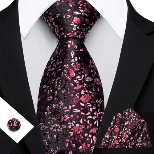 Image of Barry.Wang Flower Ties for Men Silk Woven Floral Tie Sets Necktie Handkerchief Cufflinks Wedding Party