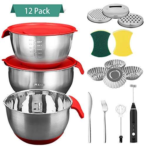 Kowth 3 Saladiers en Acier Inoxydable,Bols Mélangeurs(2L 2.5L 3.5L),3 Couvercles Hermétiques & 3 Râpes Réglables,échelle de Mesure,Base en Silicone Antidérapante,pour Cuisson Légumes Salades,12 pcs