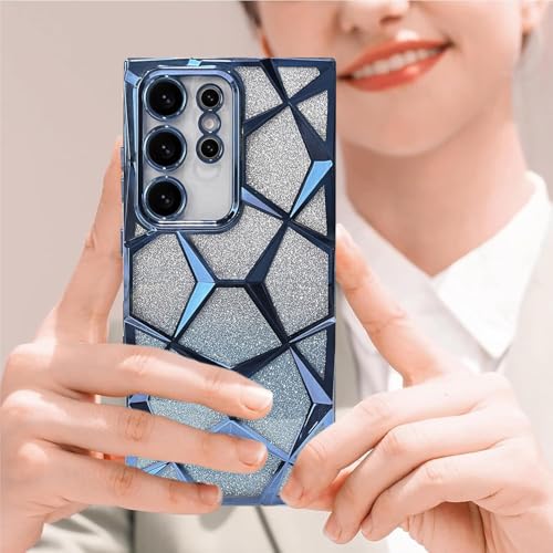 Image of VONZEE Gradient Glitter Clear Case for Samsung S25 Ultra, Luxury Electroplated 3D Cube, Diamond Bling Shiny Soft TPU Clear Shockproof Women Girls Protective Phone Cover (Sierra Blue)
